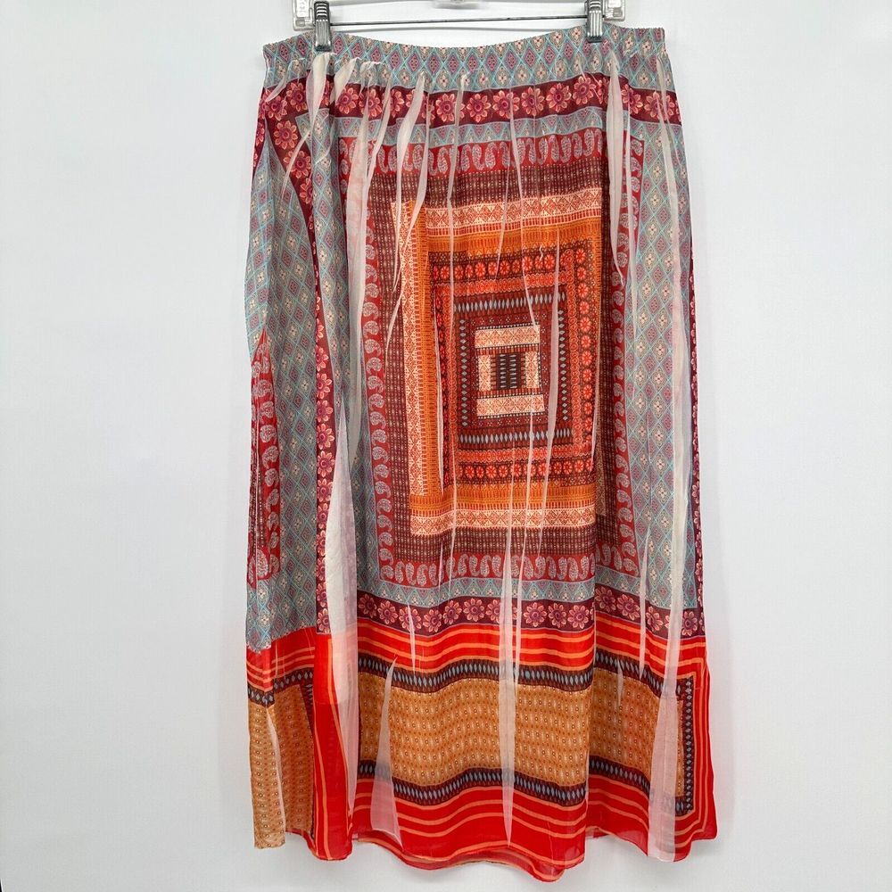Unity Boho Maxi Skirt Size 1X Flowy Chiffon Overlay Wearable Art‎ Elastic Waist
